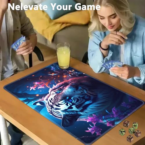 JVGFYNKL MTG Playmat + Drawstring Travel Pouch + 6 Dice Counter, for Tabletop Trading Card Game Playmats or Large Mouse Pad, Anti-Slip Rubber 24 x 14 in, Tiger Among Flowers TCG Playmat - color: JV-Playmat-1-F-161