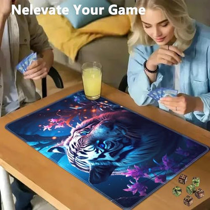 JVGFYNKL MTG Playmat + Drawstring Travel Pouch + 6 Dice Counter, for Tabletop Trading Card Game Playmats or Large Mouse Pad, Anti-Slip Rubber 24 x 14 in, Tiger Among Flowers TCG Playmat - color: JV-Playmat-1-F-161