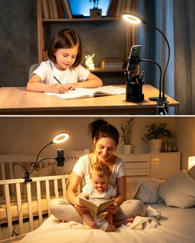 Desk Lamp, Ring Light for Laptop Desk Clip On, LED Reading Light with Clamp, Silicone Flexible Arm Book Light, Video Conference Lighting with Stand for Phone/Zoom Meeting/Video Call/Recording