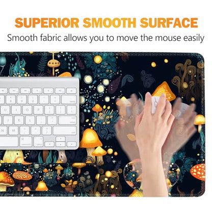 ARTSO Large Gaming Mouse Pad, Keyboard Wrist Rest Pad & Wrist Support Mousepad Set, Stitched Edge, Extended, Non-Slip Base, Memory Foam Desk Mat for Office, Home, Cute Mushrooms - color: Cute Mushrooms