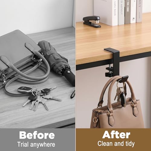 6pcs Under Desk Hook Clamp, Under Desk Mount Bag Holder Hook Clamp, Black Aluminum Alloy Bag Holder for Desks, Headphone Hanger Backpack Hooks with Adjustable Arm Clamps for Office School
