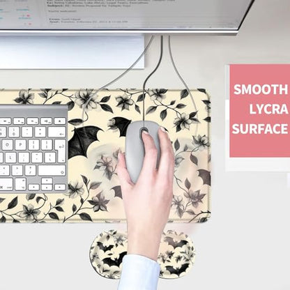 Mouse Pad,Large Desk Mat Set, 4in1 XL Mousepad + Keyboard Wrist Rest+Mouse Wrist Rest+Coaster with Ergonomic Desk Pad for Home Office Table Computer Cover -Floral Bats Pattern - color: Floral Bats Pattern