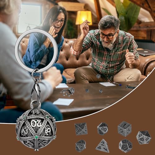 Mini DND Dice Set with Spherical Hollow D20 Metal Case Portable Keychain Necklace, Tiny 7pcs Polyhedral D&D Dice Set, DND Gifts with Gift Box, D&D Accessories for RPG（Green Diamond, Silver） - color: Dark Silver