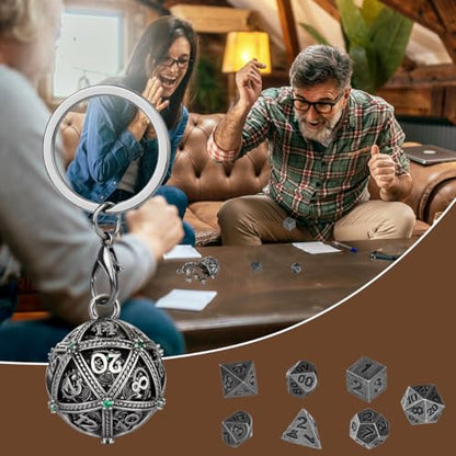 Mini DND Dice Set with Spherical Hollow D20 Metal Case Portable Keychain Necklace, Tiny 7pcs Polyhedral D&D Dice Set, DND Gifts with Gift Box, D&D Accessories for RPG（Green Diamond, Silver） - color: Dark Silver