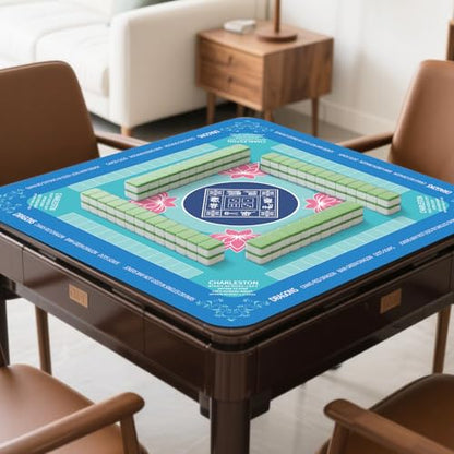 Mahjong Mat 31.5" x 31.5" Mahjong Table Mat with Rules Anti Slip Noise Reduction Lotus Flower Gaming Tablecloth for Poker, Card, Board Tile Games Mah Jongg Table Cover with Carrying Bag (Blue) - style: Blue Flower