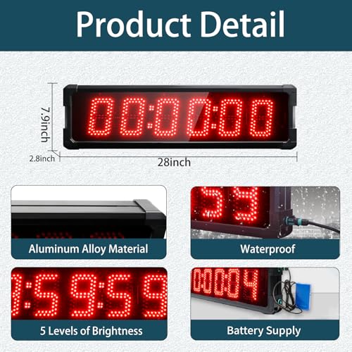 Race Clock with Tripod for Running Events, Large LED Stopwatch with Remote,Countdown/Count up Gym Timer for Home,Wall Digital Time Clocks - style: waterproof+red