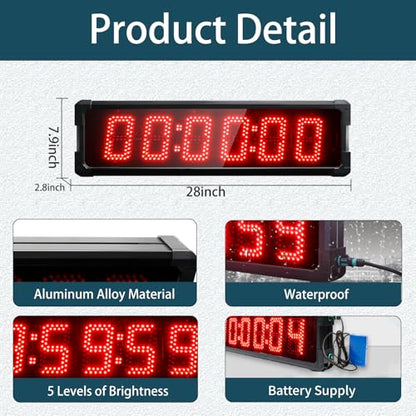 Race Clock with Tripod for Running Events, Large LED Stopwatch with Remote,Countdown/Count up Gym Timer for Home,Wall Digital Time Clocks - style: waterproof+red