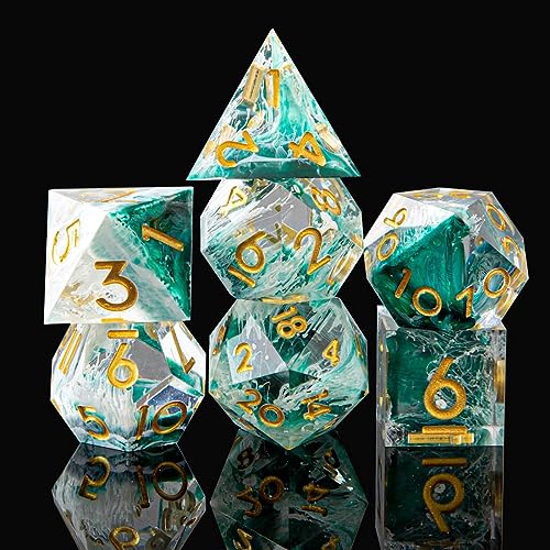 DND Dice Set, Sharp Edge Resin Dice Set with Dice Case, Handmade 7 Accessories Polyhedral Dice for Role Playing Game Dungeons and Dragons, D&D Dice (Sea Wave Green)