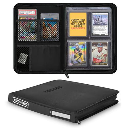EVORETRO 4 Pocket Top Loader Binder for Pokémon, MTG, Lorcana & Sports Cards – Small Toploader Binder Fits 2x2 Toploaders 35pt–55pt, 96 Slots with 2 PSA Slab Pockets - style: Without Window