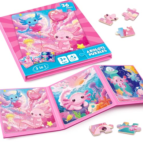 Magnetic Jigsaw Puzzles for Toddlers Kids 3-8 Girls,(3 36-Pieces) Travel Puzzles Toys for Kids Ages 4-6,Take-Along Car Airplane Road Trip Activities Game for 3 4 5 6 7 8 Year Old Birthday Gift,Axolotl - style: Axolotl