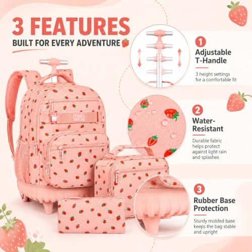 3Pcs Rolling Backpack for Girls Women, Travel Roller Backpacks with Wheels for Adults, Teens College Strawberry Wheeled Bookbag with Lunch Box (Pink) - color: Strawberry Pink