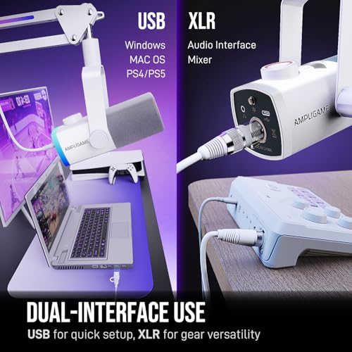FIFINE AM8PROTW Streaming Microphone Kit for Gaming, XLR/USB Dynamic Mic | PC Microphone with RGB Boom Arm Stand, Mute Tap, 3-in-1 Volume Knob, Audio Balance, for Podcast Vocal, White - color: White