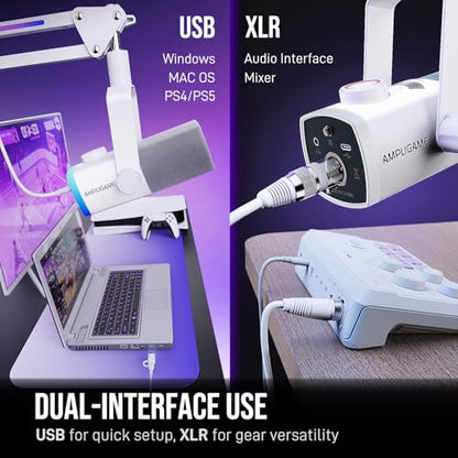 FIFINE AM8PROTW Streaming Microphone Kit for Gaming, XLR/USB Dynamic Mic | PC Microphone with RGB Boom Arm Stand, Mute Tap, 3-in-1 Volume Knob, Audio Balance, for Podcast Vocal, White - color: White