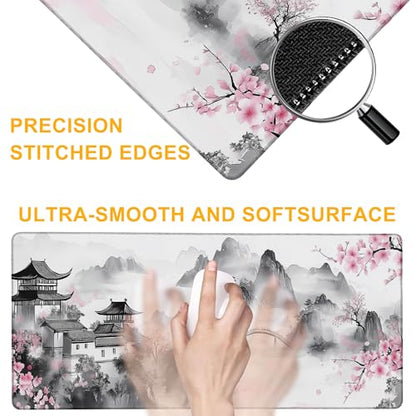 Large Gaming Mouse Pad Japanese Cherry Blossom Extended Computer Keyboard Mousepad with Non-Slip Rubber Base Stitched Edge Waterproof Big Long Laptop Pad for Gamer Office Home 35.4"X 15.7" - color: Neon Mushroom Forest