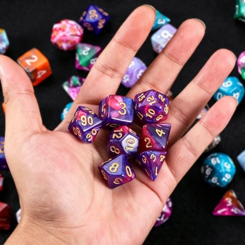 QMAY DND Dice Set - Polyhedral Dice (Blue Mix Purple Nebula) 7 Pcs for Dungeon and Dragons D&D RPG Role Playing Games Dice with Dice Bag - color: Blue Purple Nebula