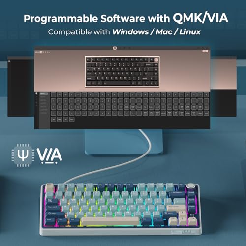 RK ROYAL KLUDGE R75 Wireless Mechanical Keyboard, 75% Percent Custom Gaming Keyboard Gasket Mount RGB Backlit with Knob & PBT Keycaps, BT5.1/2.4GHz/USB-C, Hot Swappable Cream Switch - color: Blue