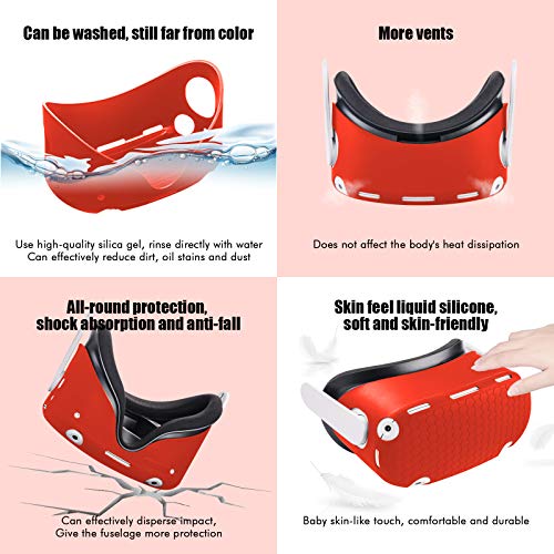 Compatible with Oculus Quest 2 Accessories, Silicone Face Cover, VR Shell Cover,Touch Controller Grip Cover,Protective Lens Cover,Disposable Eye Cover - color: RED