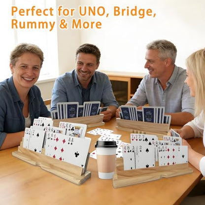 2PCS Card Holder Playing Cards 4-Slot Wooden Card Holder Playing Cards with Storage Bag Wooden Card Holders for Playing Card for Canasta and Bridge, Hands-Free Playing Card Holders for Adults, Kids, Seniors