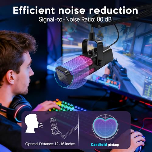 VCOM USB Microphone for PC,Condenser Dynamic Boom Arm Mic for Podcasting,Streaming, with Monitoring Headphone 3.5mm Jack,Quick Mute,RGB Indicator,Shock Mount,Rotate gain Button,Black