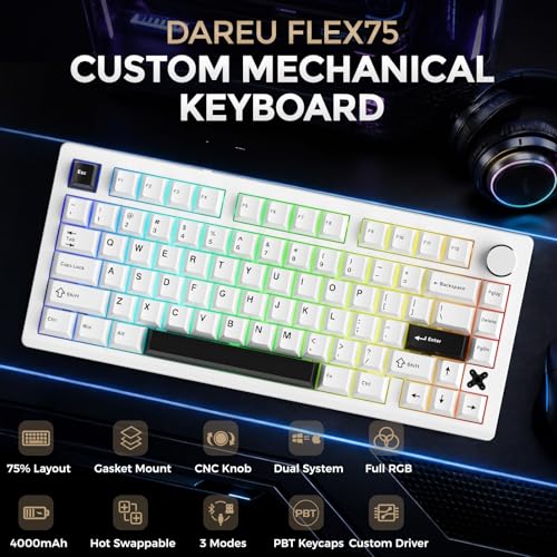 DAREU FLEX75 Gasket Wireless Mechanical Keyboard with Knob | Tri-mode,Hot Swap,75% Custom Gaming Keyboard with PBT Keycaps,RGB Backlit for Mac/Win - color: White