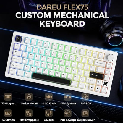 DAREU FLEX75 Gasket Wireless Mechanical Keyboard with Knob | Tri-mode,Hot Swap,75% Custom Gaming Keyboard with PBT Keycaps,RGB Backlit for Mac/Win - color: White