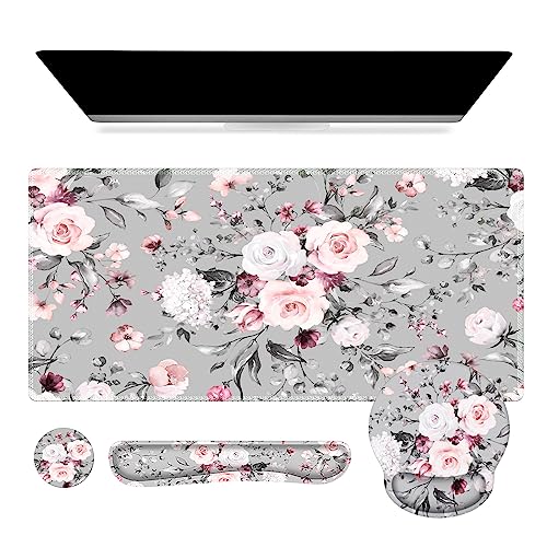 iCasso Large Mouse Pad Wrist Support Set, 4in1 XXL Big Mousepad + Keyboard Wrist Rest + Mouse Wrist Rest + Coaster Set with Ergonomic Design Gaming Mat for Home Office Table Computer - Pink Floral - color: Tea Rose