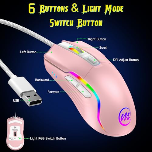 memzuoix Wired Gaming Mouse with RGB - 6 Adjustable DPI up to 12800, 6 Buttons, 12 Lighting Modes, Ergonomic Design with Anti-Slip Rubber Wheel, 5.6ft Braided Cable for PC/Mac/Windows - Pink - color: pink
