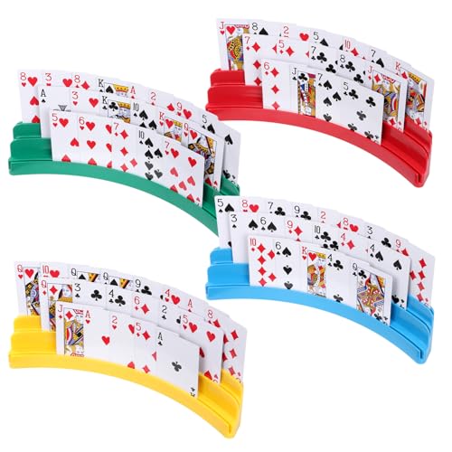 Three-Layer Design Playing Cards Holders，Playing Card Holder for Kids Adults Hands Free Card Holder for Family Card Game Nights Poker Parties - color: Red,Yellow,Blue,Green(4pack)