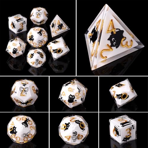 DND Dice Set, 7 Pcs Sharp Edge D&D Dice Polyhedral Resin Cat Dice for Dungeons and Dragons RPG MTG Role Playing Table Games - color: White