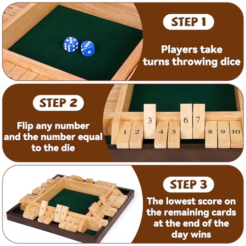 Kvintes 12 Inch Shut The Box Dice Game – Wooden Tabletop Board Game with Felt Mat, 10 Number Tiles & 8 Dice, Classic Bar Game, Family Game Night, Travel Game for Adults
