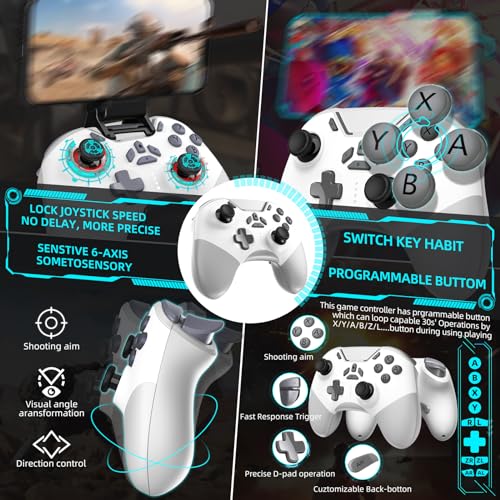 Hall Effect Bluetooth Controller for Switch/PC/iPhone/Android/Apple Arcade MFi Games/Mac/TV/Steam, Pro Wireless Game Controller with Phone Clip with Lock Speed/6-Axis Gyro/Dual Motors/Turbo/Switch Key - color: White