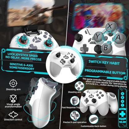 Hall Effect Bluetooth Controller for Switch/PC/iPhone/Android/Apple Arcade MFi Games/Mac/TV/Steam, Pro Wireless Game Controller with Phone Clip with Lock Speed/6-Axis Gyro/Dual Motors/Turbo/Switch Key - color: White