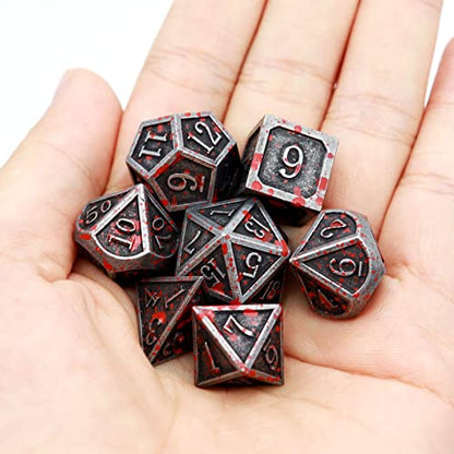 Haxtec Bloodstained Metal DND Dice Set Blood Polyhedral D&D Dice with Leather Dice Bag Compatible with Dungeons and Dragons Gift for DND Lovers TTRPG DM Masters Antique Metal Halloween Dice - color: Iron Red