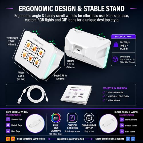 Mini Stream Controller Deck, Gaming Streaming Macro Pad Keypad, Shortcut Keyboard with 6 Programmable LCD Keys, Customizable Icons & RGB Light, USB Soundboard for Video Editing, OBS, PC, Mac - color: White