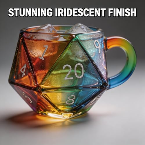 D20 Dice Glass Mug – Hand-Painted 3D Fantasy RPG Tankard, Collectible Clear Drinkware, Unique Gift for DND Players & Tabletop Gamers - color: D20 Dice Glass Mug
