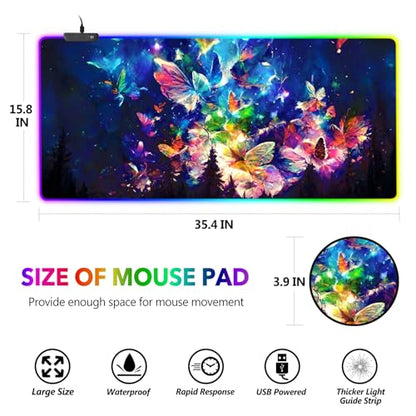 AIMSA RGB LED Gaming Mouse Pad, 14 Modes Glow Pad, Extra Large Gaming Mousepad, 35.4 x 15.8 inch Extended Big Waterproof Keyboard Mouse Pad Mat, Colorful Abstract Butterfly - color: Colorful Abstract Butterfly