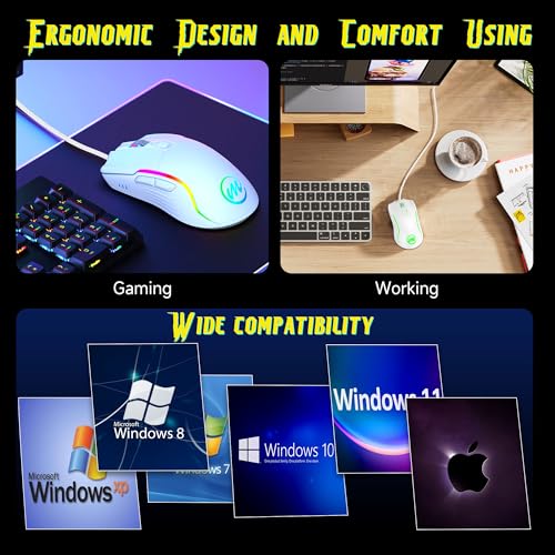 memzuoix Wired Gaming Mouse with RGB - 6 Adjustable DPI up to 12800, 6 Buttons, 12 Lighting Modes, Ergonomic Design with Anti-Slip Rubber Wheel, 5.6ft Braided Cable for PC/Mac/Windows - White - color: White