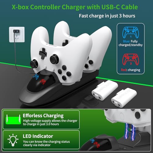 Controller Charger Station,Charger with 2 Packs 3600mWh Rechargeable Battery for Xbox One/Xbox Series X/S Controller,Dual Charging Dock with 4 Battery Covers for Xbox(White)