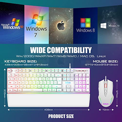 RedThunder K10 Wired Gaming Keyboard and Mouse and Wrist Rest Combo, RGB Backlit, Mechanical Feel Anti-ghosting Keyboard + 7D 7200 DPI Mice+Soft Leather Wrist Rest 3 in 1 PC Gamer Accessories(White) - color: White