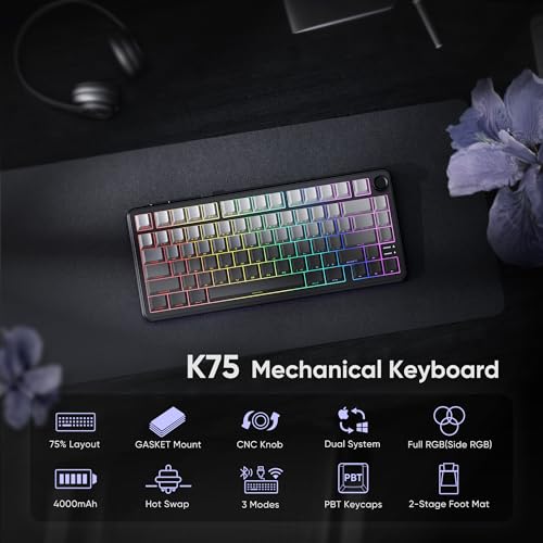 RedThunder K75 Wireless Mechanical Gaming Keyboard, 75% Hot Swappable Creamy Keyboard with Knob, RGB Backlit, Pre-lubed Linear Switches, Side Engraved PBT Keycaps, Wireless/Wired/BT5.0, Gradient Gray - color: Gradient Gray