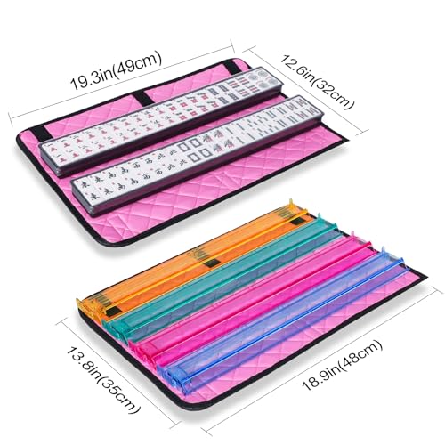 American Mahjong Game Set, 166 White Tiles, 4 All-in-One Color Rack/Pushers, Complete Mahjong Set with Pink Printed Carrying Bag - color: Pink
