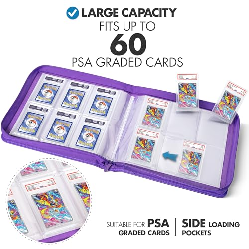 FunGuys Graded Card Binder, 60 PSA Slab Holder, 6 Pocket Graded Card Storage, Slab Binder, PSA Card Graded Display Case Album, Zipper, MTG Card Collection Binder - color: Black and Purple