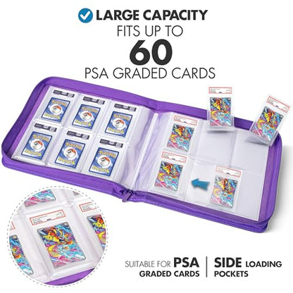 FunGuys Graded Card Binder, 60 PSA Slab Holder, 6 Pocket Graded Card Storage, Slab Binder, PSA Card Graded Display Case Album, Zipper, MTG Card Collection Binder - color: Black and Purple