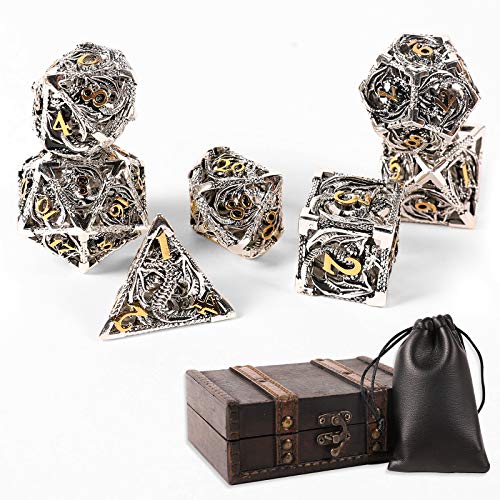 7pcs Metal Dice Set D&D,Unique New Dragon Pattern DND Metal Dice Set | Used for Dungeons and Dragons Role Playing Game(RPG),MTG,Pathfinder,Table Game,Board Games - color: Silver