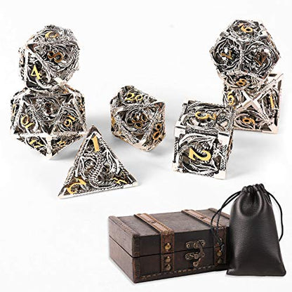 7pcs Metal Dice Set D&D,Unique New Dragon Pattern DND Metal Dice Set | Used for Dungeons and Dragons Role Playing Game(RPG),MTG,Pathfinder,Table Game,Board Games - color: Silver