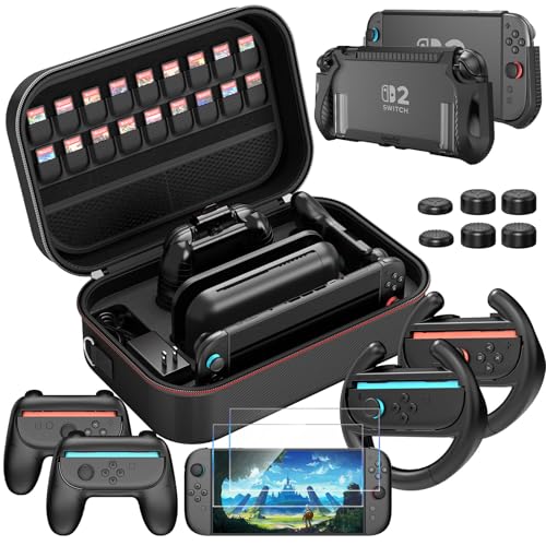 HEYSTOP Accessories Bundle for Nintendo Switch 2, Dockable Protective Case | Tempered Glass Screen Protector, Racing Steering Wheels, Joy Con Controller Grip Covers, Console Gaming Starter Kit