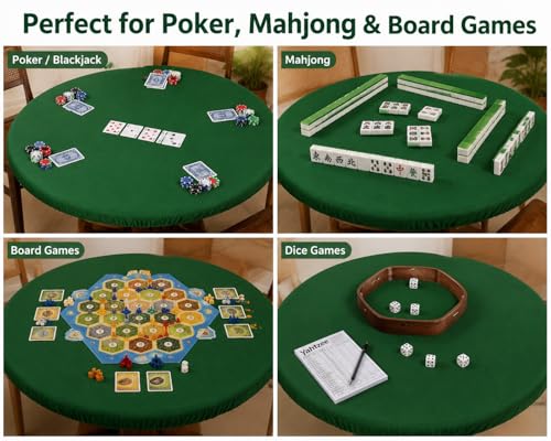 Katai Poker Table Cover - Green Felt Casino Style for Game Night, Poker, Mahjong, Board Games, Round Table Top, 36-45 Inch, Noise Reducing, Slip Prevention, Smooth Fabric, Includes 6 Cork Coasters