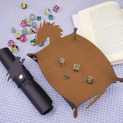 SIQUK 2 Pieces Dragon Dice Rolling Tray PU Leather Dice Mat Folding Scroll Dices Holder for D&D RPG Games (Camel, Black) - color: Camel, Black