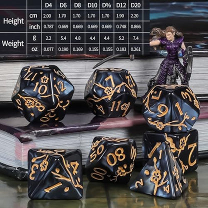 CiaraQ 7pcs Polyhedral Dice Set for Dungeon and Dragons MTG Table Games | Acrylic Role Playing Dice for D&D with Black Velvet Bag – Black Pearl with Gold Numbers & Patterns - color: Black and Gold Floral Dice