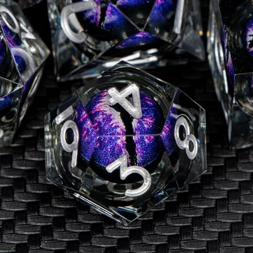 ARUOHHA DND Resin Dice Dragon Eye Dice Liquid Core Purple Sharp Edged Dice Set with Gift Box, Dungeons Polyhedral D and D Dice Set Compatible with D&D Role Playing Game D20 D12 D10 D8 D6 - color: Ly02-purple Black